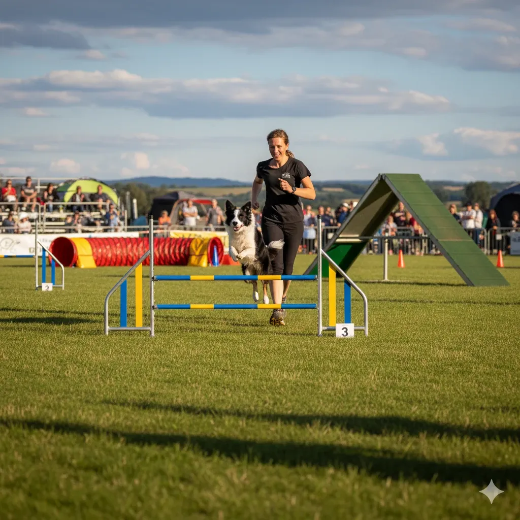 Un Border Collie salta agilmente un ostacolo in una gara di Agility a Roma, mostrando velocità e concentrazione.
