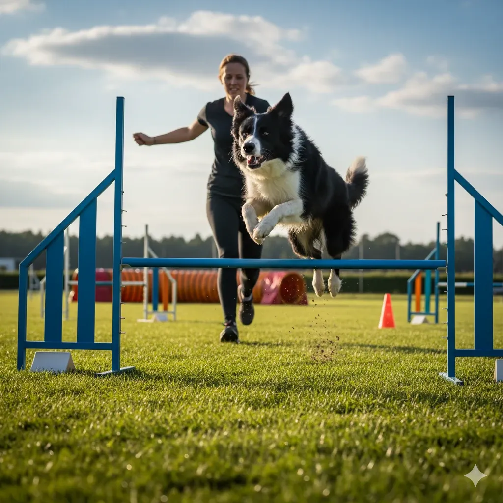Un cane affronta un salto con tecnica e velocità, l'essenza della disciplina del Jumping.