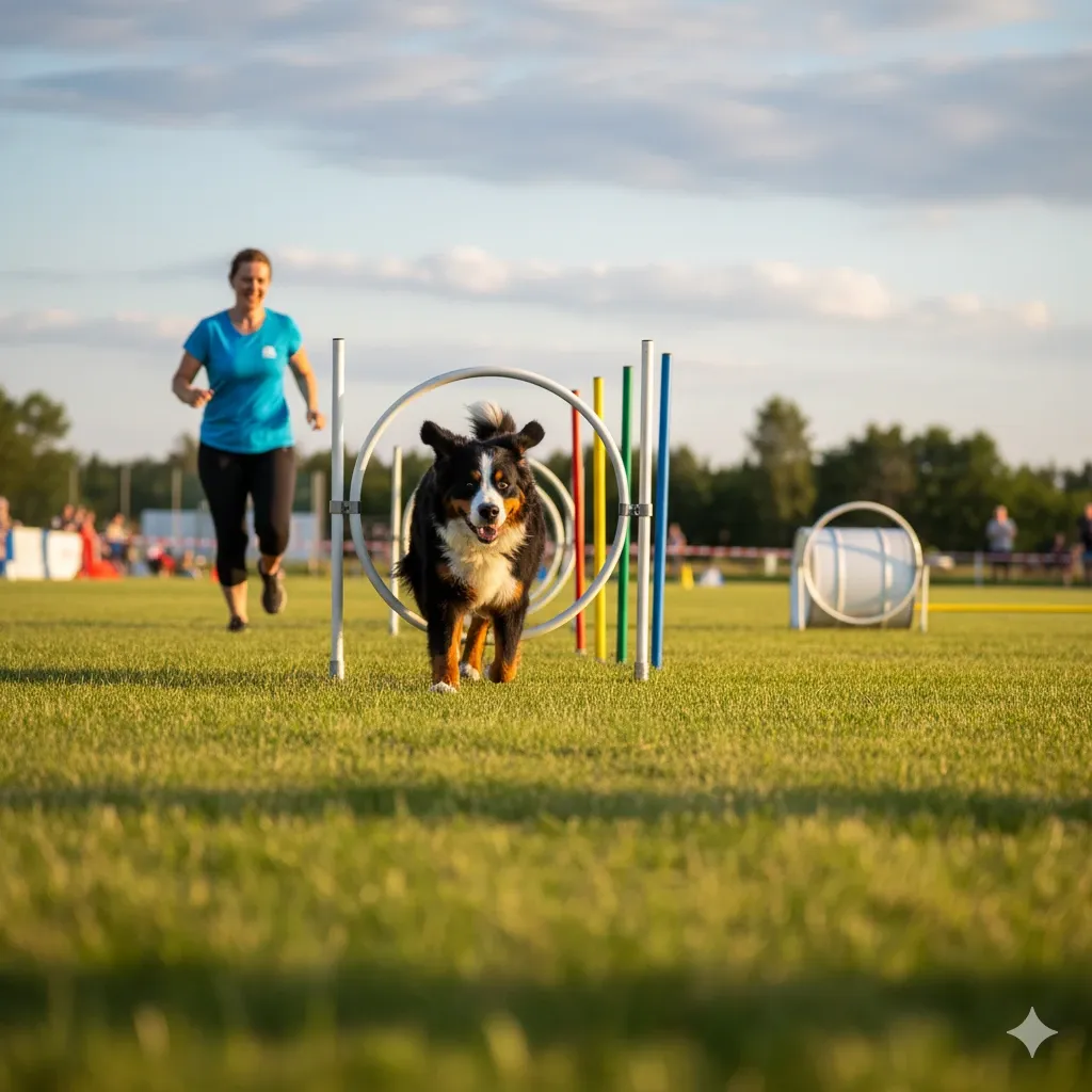 Un binomio cane-conduttore affronta un percorso di Hoopers, con il cane che attraversa un arco guidato a distanza.